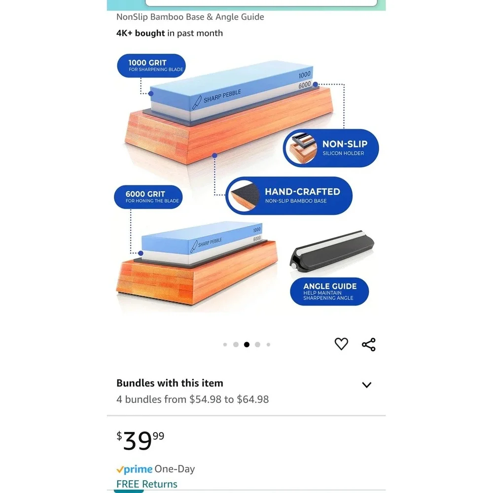 Sharp Pebble Whetstone Knife Sharpener Blue NIB 1000/6000 Dual Grit Bamboo Base
